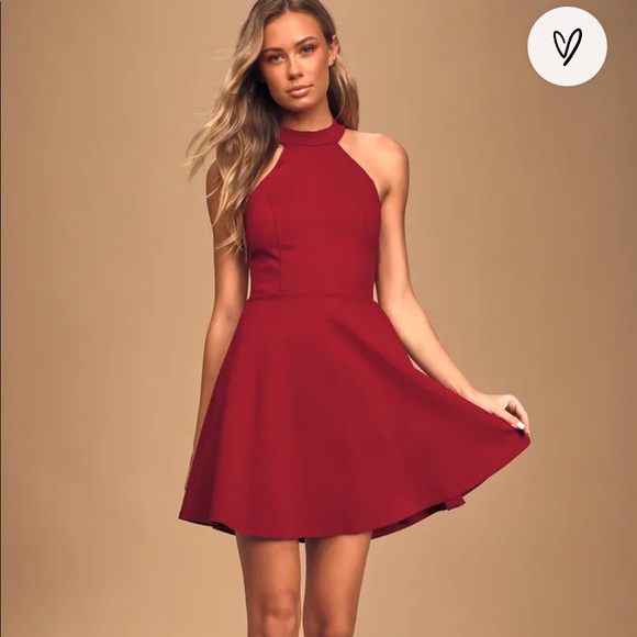 Lulus Dresses & Skirts - LULU’s halter neck skater dress lace detail on back-deep red(almost mahogany red